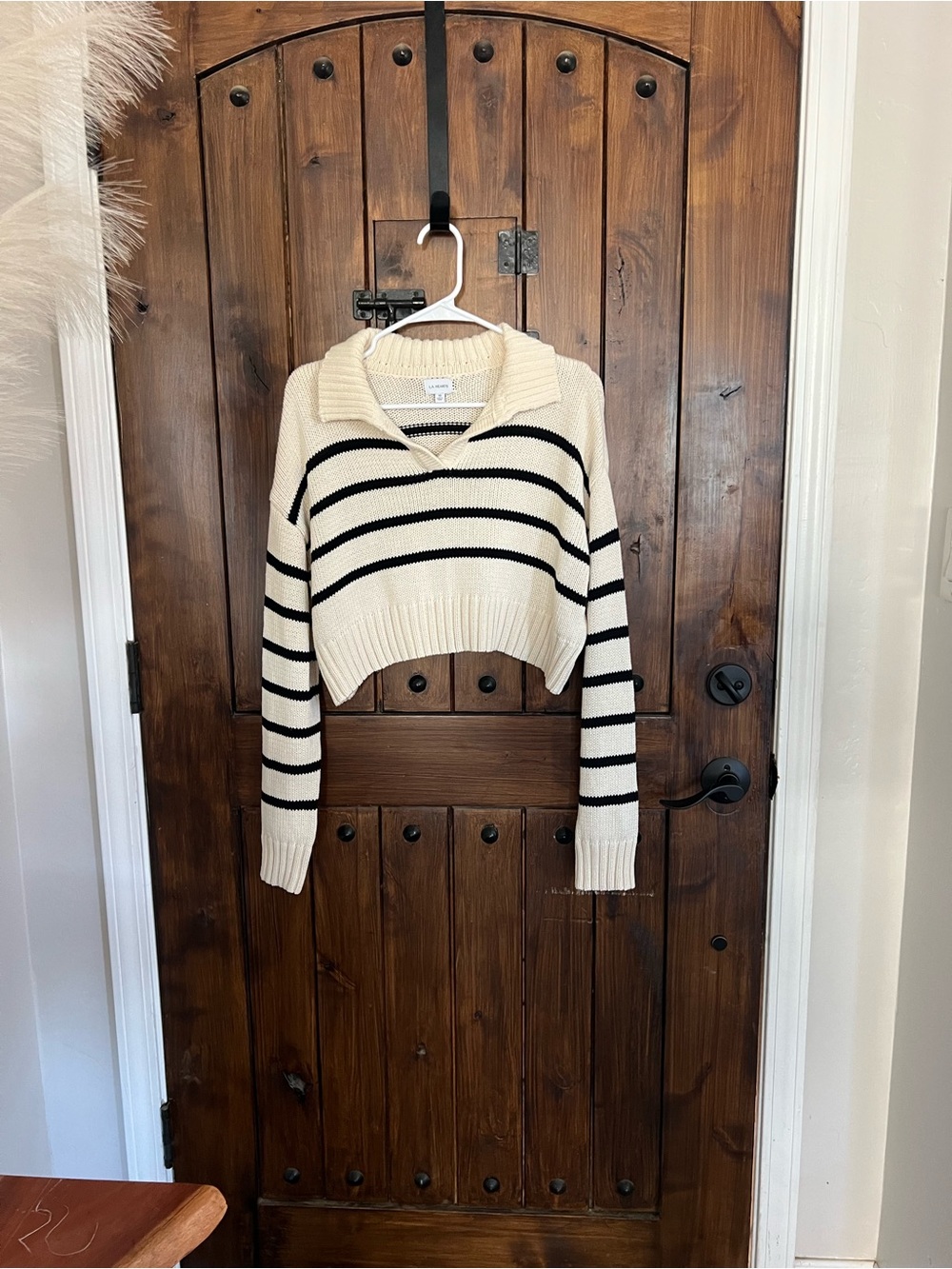 La Hearts Cream and Black Striped V-Neck Cropped Sweater
